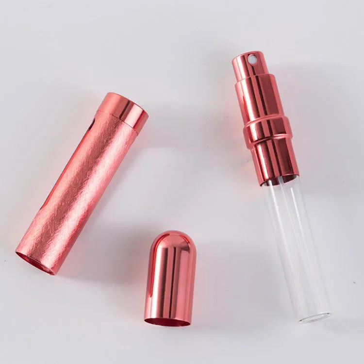 12ml aluminium travel perfume bottle with glass liner in various colours including blue, gold, pink, red, silvery, violet