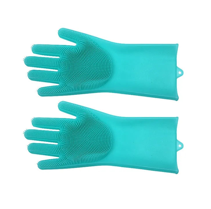 A pair of blue silicone cleaning gloves with a textured sponge-like surface for scrubbing.