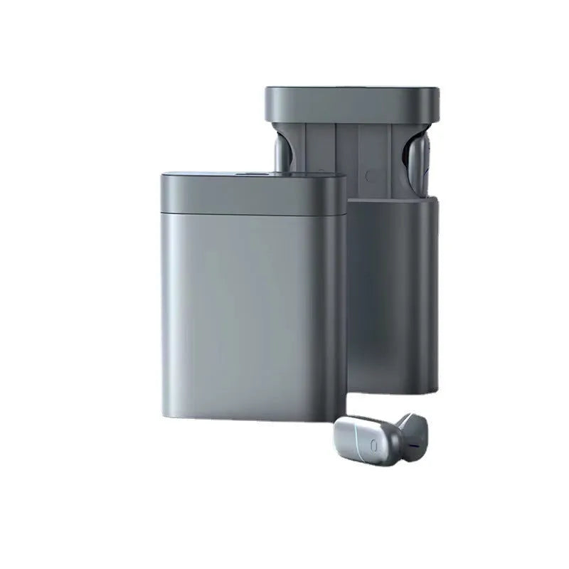 Silver gray wireless Bluetooth headset with charging compartment power bank, 74x28x95mm, LOOP T6