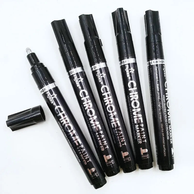 Silver mirror pen with 3.0mm reflective paint tip for writing on glass, metal, plastic, and wood surfaces