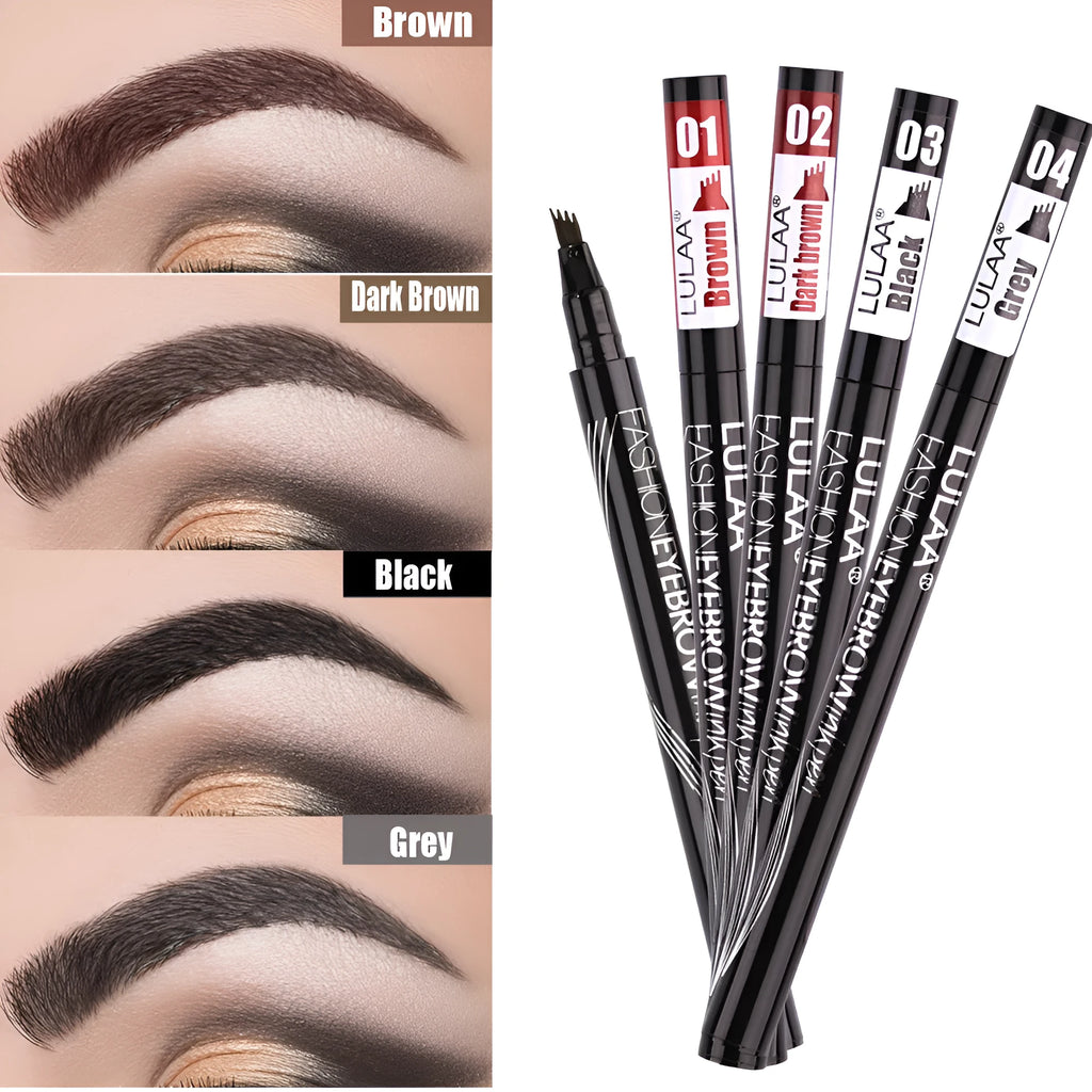 Liquid eyebrow pencil with black tube, four-claw pen head, and hard refill design in brown shade