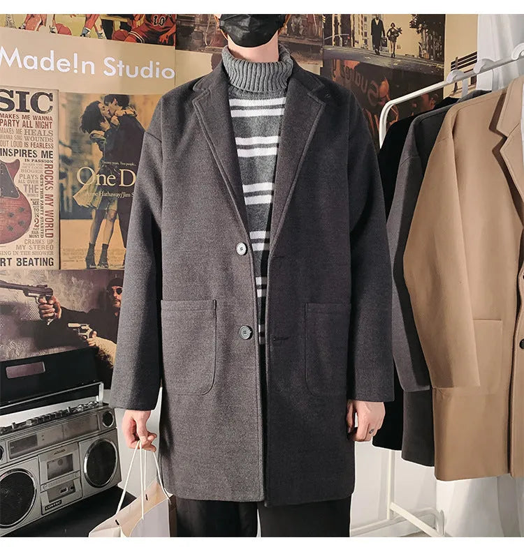 Men's mid-length slim woolen coat with single-breasted placket, lapel collar and patch pockets in black, grey or khaki