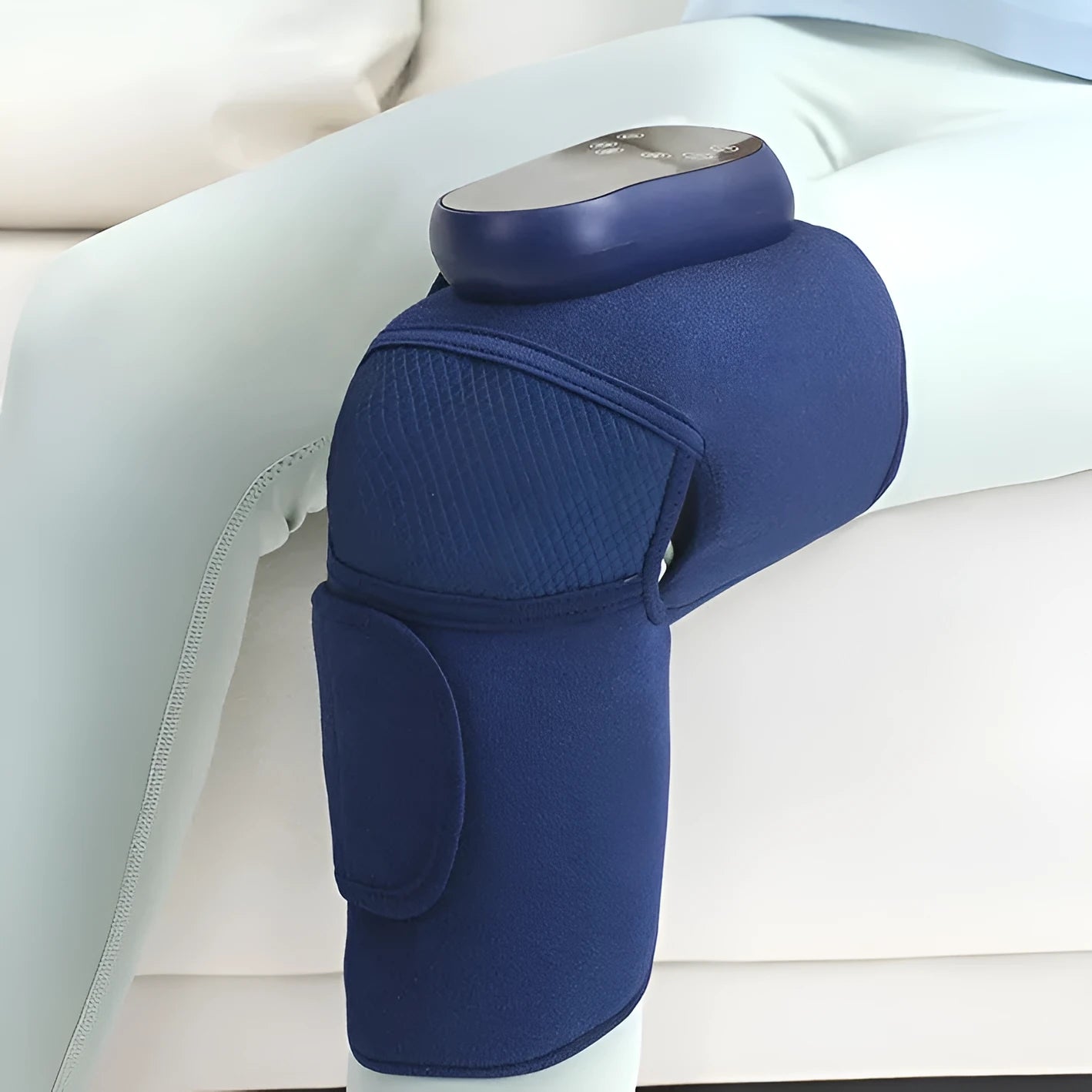 Airbag Blue self-heating knee massager unit for vibration, heating, and air pressure therapy.