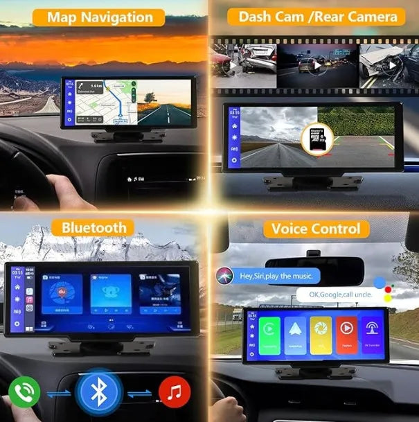 Portable wireless Carplay screen 9.3 inch with 2.5K camera DVR and 1080P rear camera, black