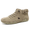 Men's khaki high top octopus shoes with round toe and mid-cut design on a rubber sole.