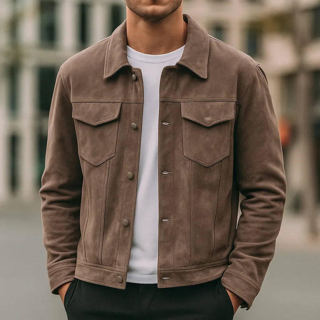 Men's suede winter lapel work jacket with 3D patch pocket, loose fit, brown apricot or grey, sizes S-XXL