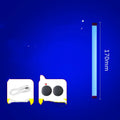 Blue and purple rechargeable LED tube light sticks in 17cm and 32cm sizes on a dark surface.