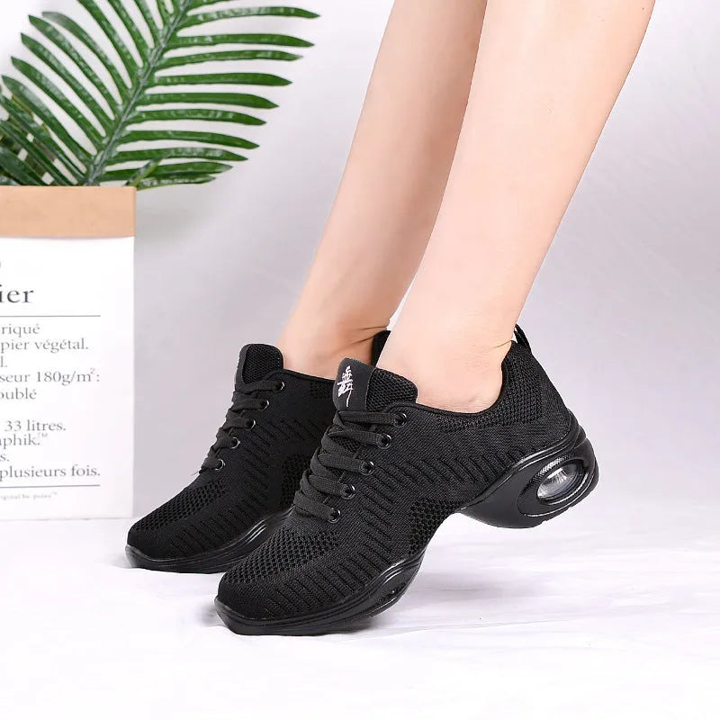 Women's white Flyknit mesh dance shoes with a lightweight PU sole for dance and fitness.