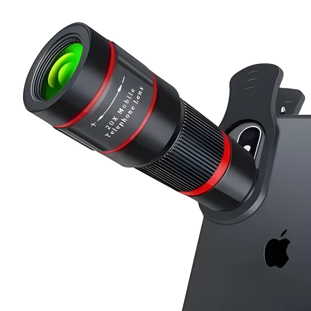 20x magnification mobile phone telescope lens with universal mounting clip on a smartphone