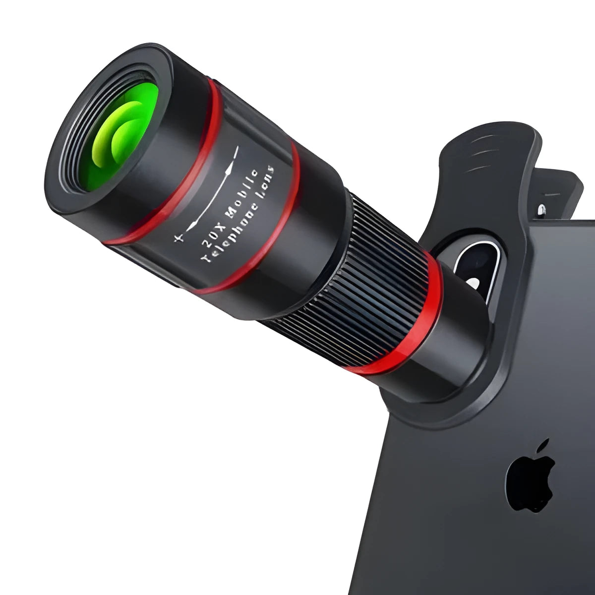 20x magnification mobile phone telescope lens with universal mounting clip on a smartphone