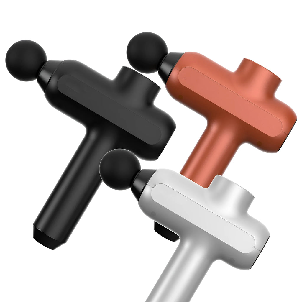 Handheld muscle massager with six removable heads in black, white, or red colours