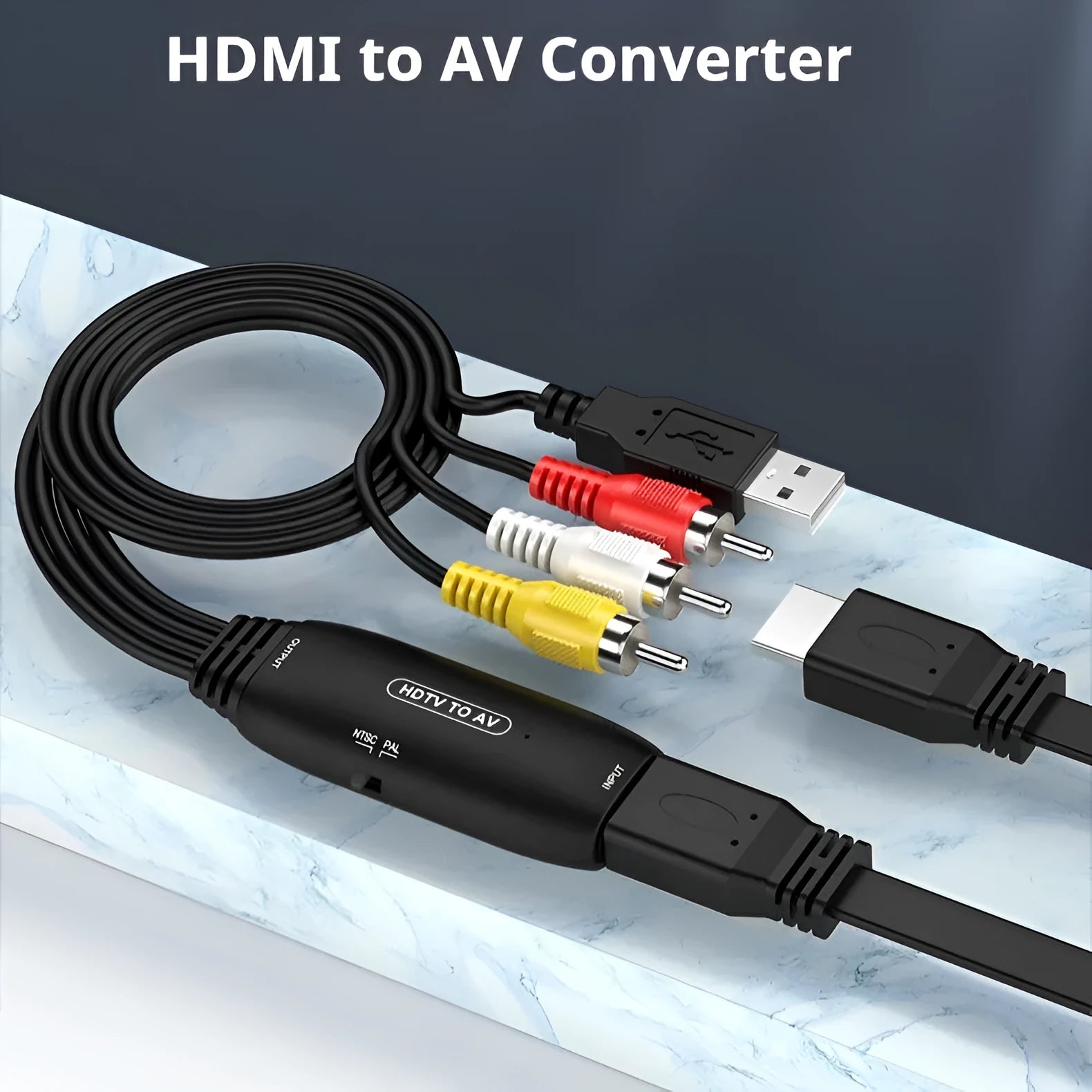 HDMI to AV adapter cable converter with 110cm length showing RCA composite output connectors