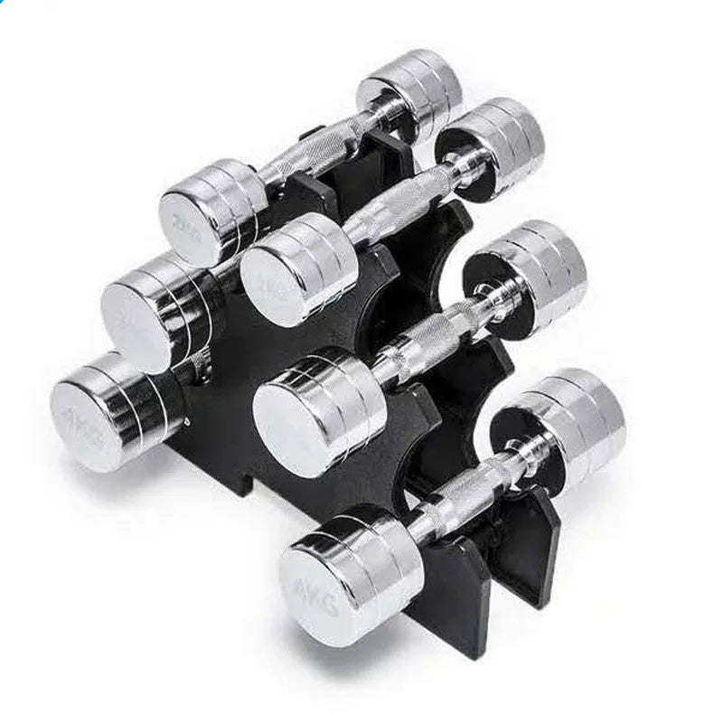 Silver pure steel 1kg dumbbell with ergonomic handle on a grey background.