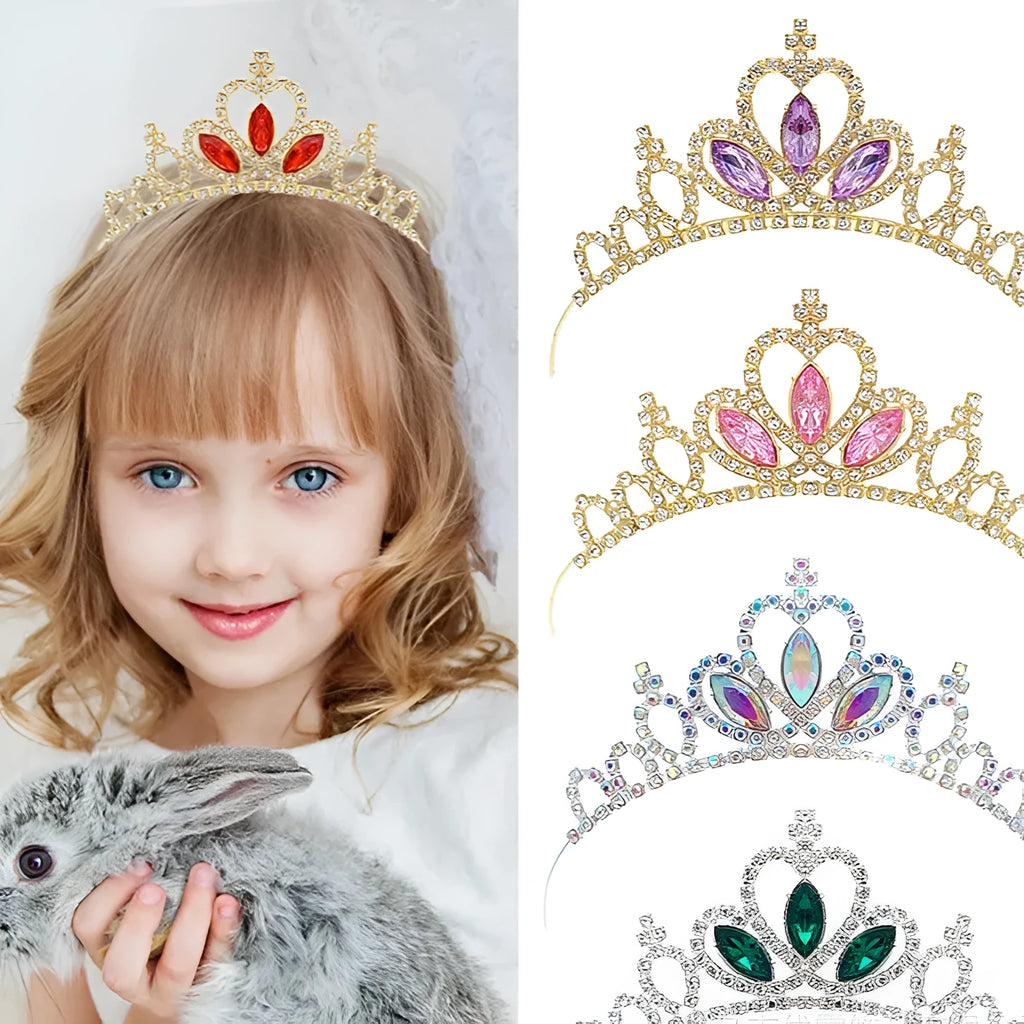 Alloy metal princess crown in gold or silver with colourful diamond decorations