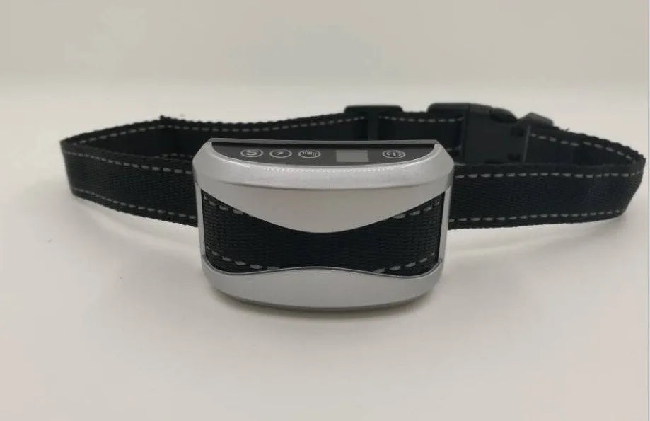 Electronic dog training bark collar with digital display and adjustable strap in black colour