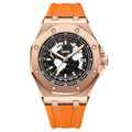 Automatic men's hollow mechanical watch with round alloy case, stainless steel strap, and mineral glass face on white background