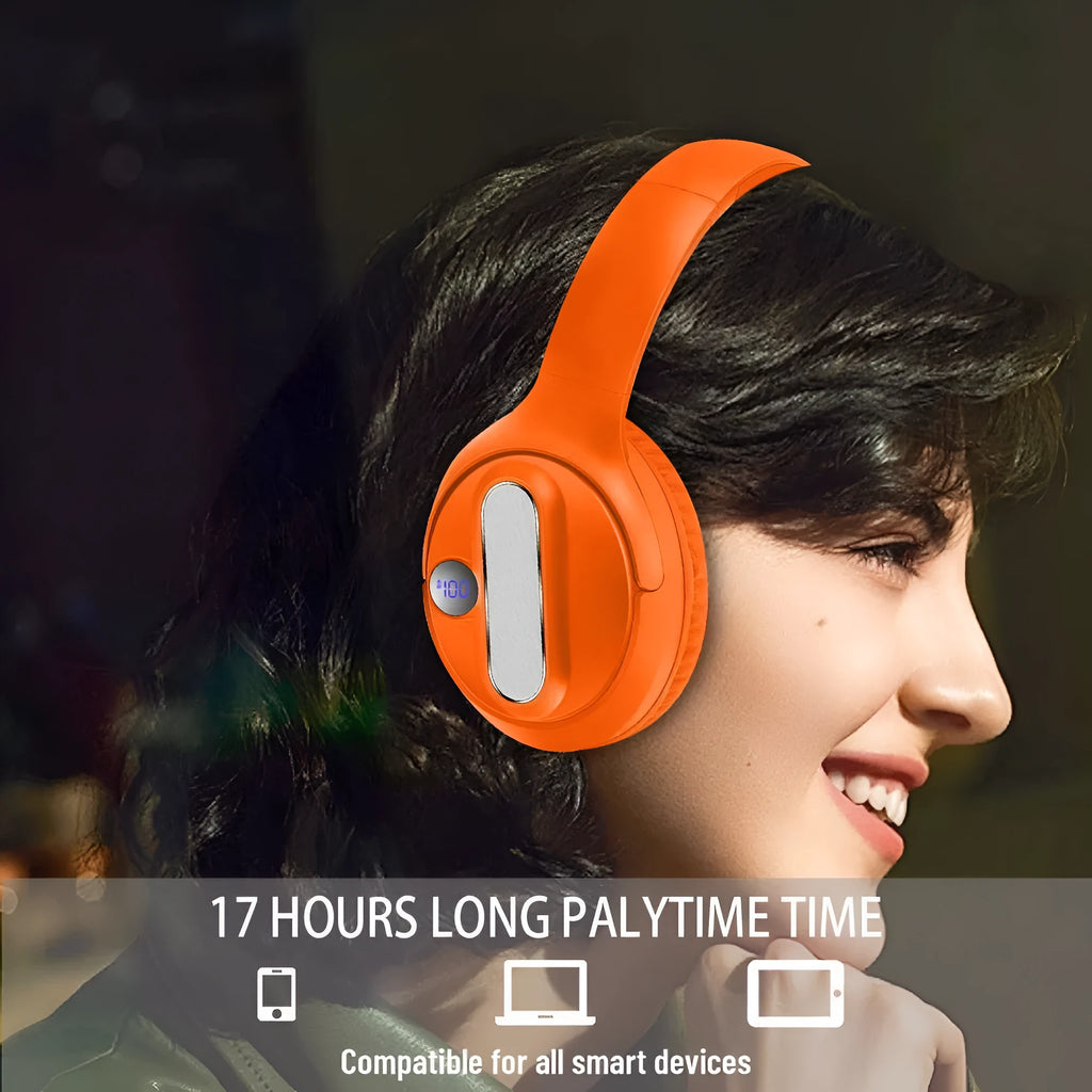 Foldable wireless Bluetooth earphones in retro style, available in orange black and white
