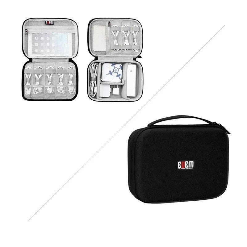 Black EVA digital storage bag for headphones and small electronics with organised compartments