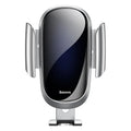 Universal smart car bracket holding smartphone, showing adjustable gripping arms in silvery metallic finish