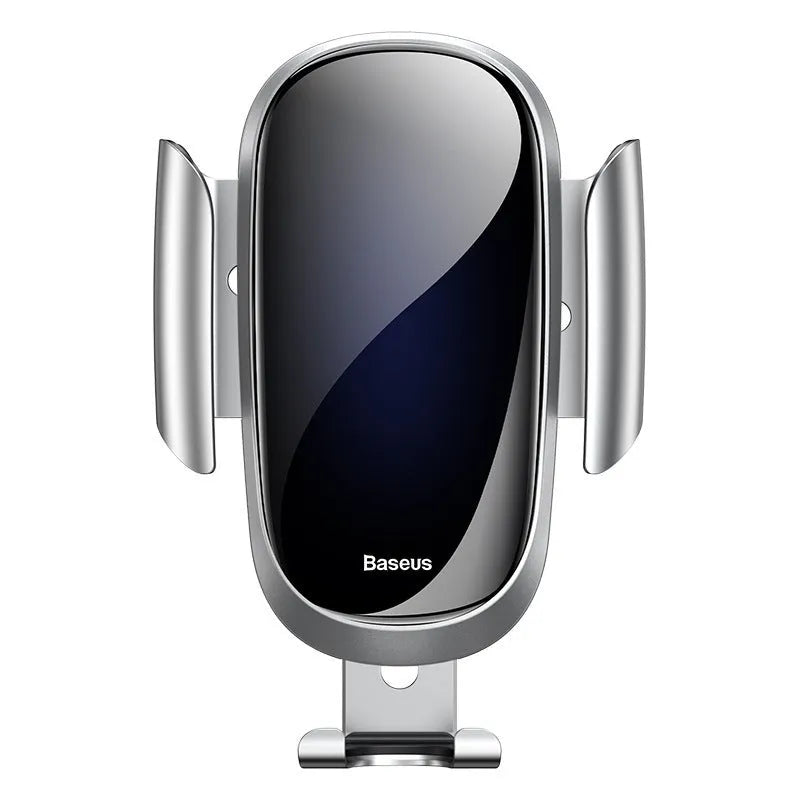 Universal smart car bracket holding smartphone, showing adjustable gripping arms in silvery metallic finish