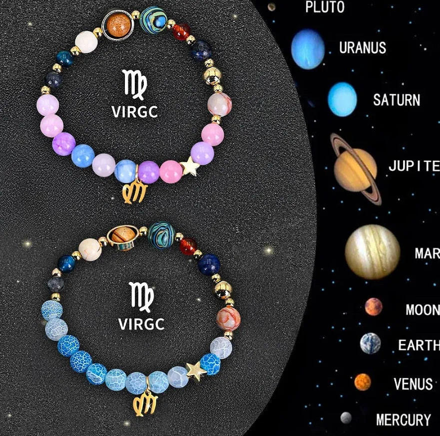 Two natural stone beaded bracelets with metal zodiac sign charms on a flat surface.