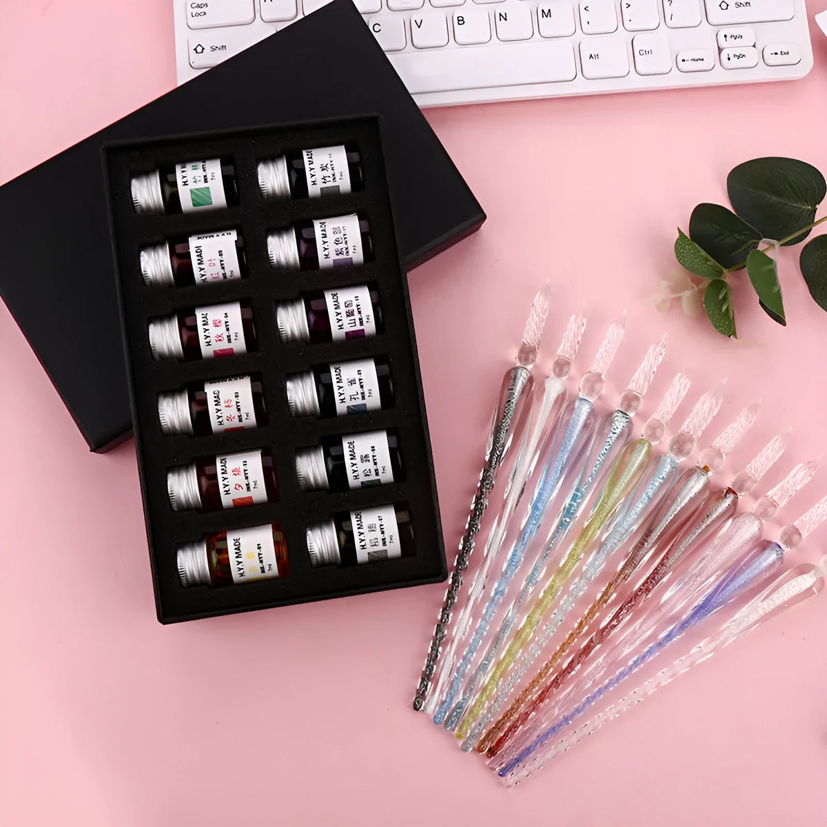 12 colour gold powder dip pen ink set in 7ml high borosilicate glass bottles in gift box