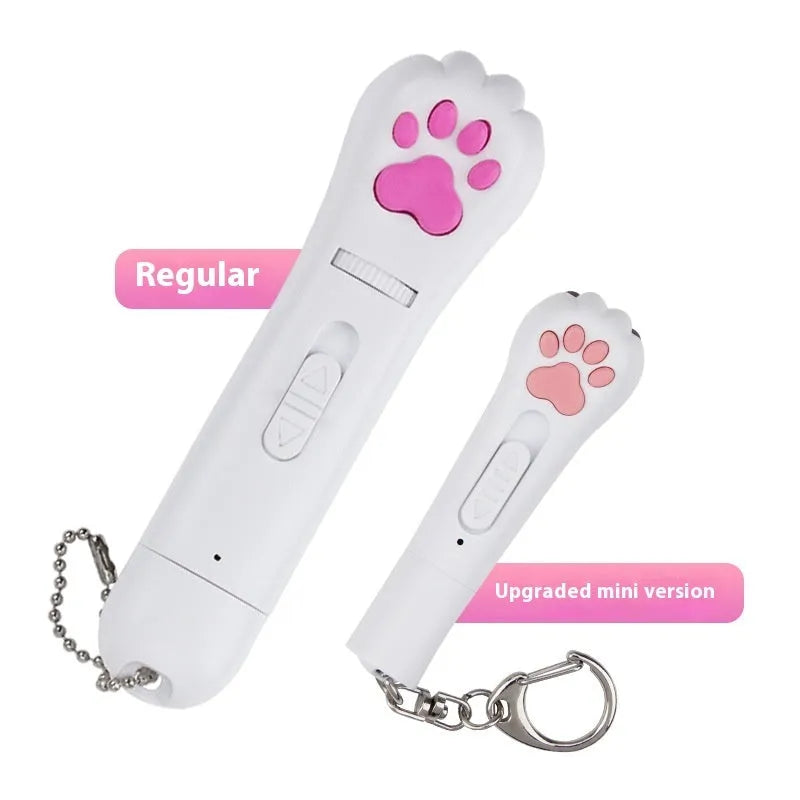 Infrared cat teasing stick toy showing multiple colour options and laser light patterns for pet play.