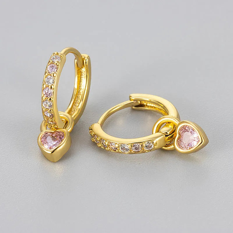 Women's heart-shaped zircon earrings with coloured gemstone centre and gold or white gold plating