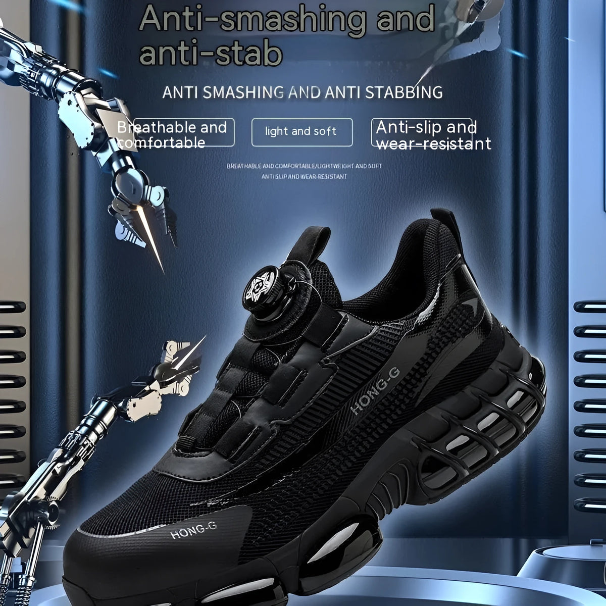 Lightweight flyknit work safety shoes with steel toe protection in black colour