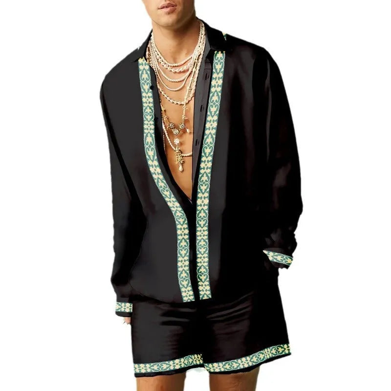 Slim fit long sleeve shirt and matching shorts casual summer set in polyester.