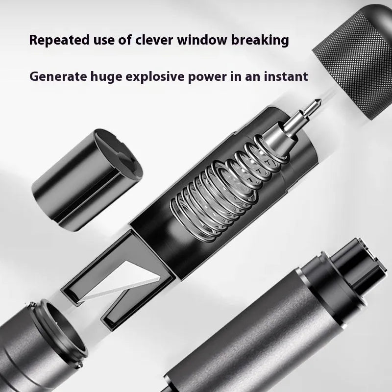 Gun grey aluminium car safety hammer with seatbelt cutter measuring 87mm length
