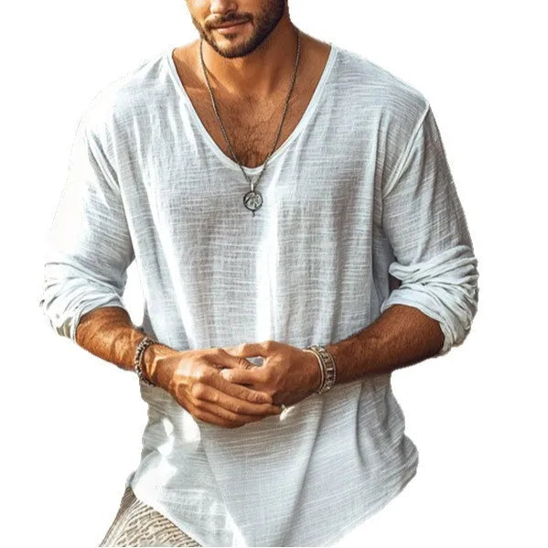 Beige men's V-neck long-sleeved slim fit T-shirt made from hemp blend fabric
