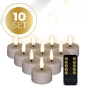 Set of four taupe coloured S10 3D flame LED tealight candles showing realistic flickering effect.