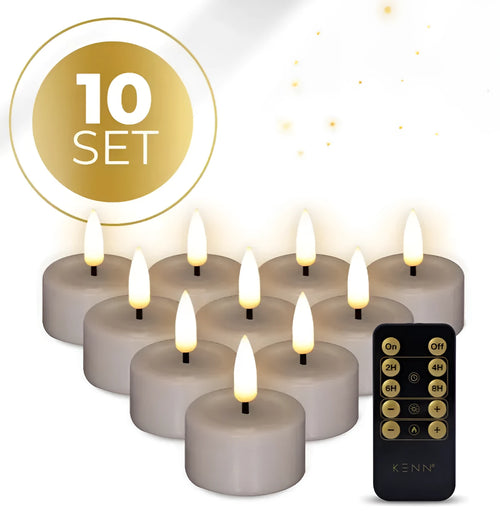 Set of four taupe coloured S10 3D flame LED tealight candles showing realistic flickering effect.