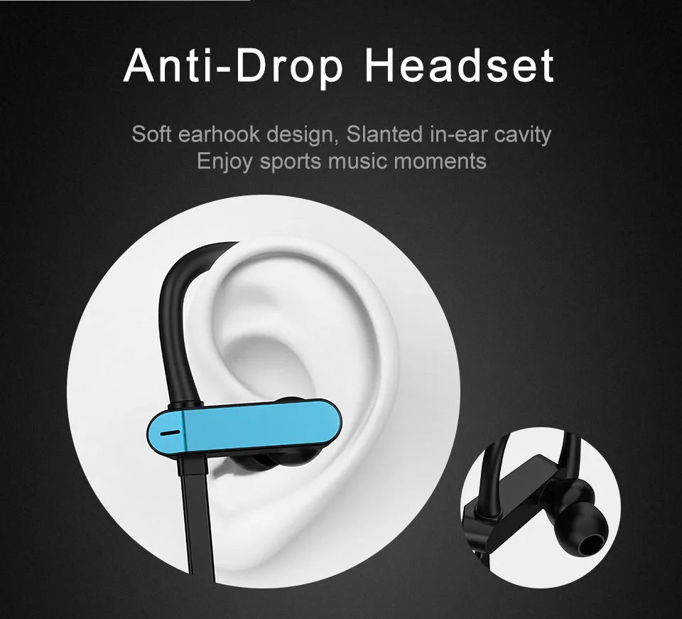 Sport running earbuds with black and blue ear hook design and silicone tips