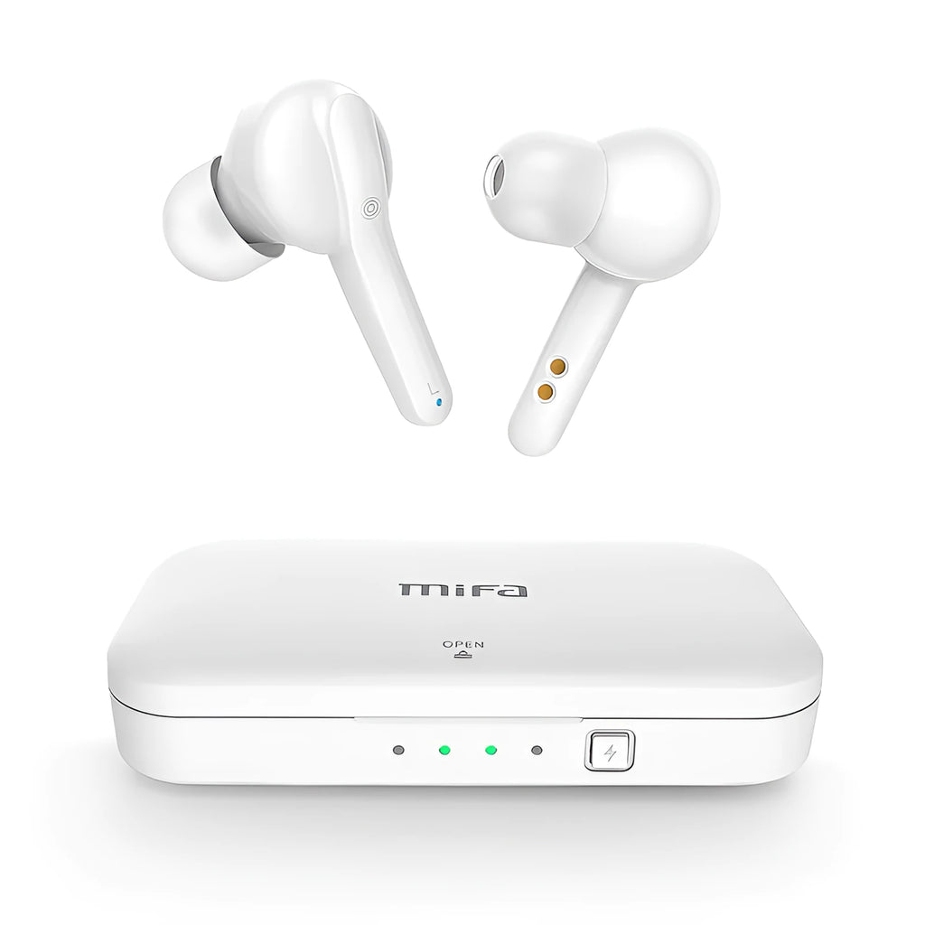 Black and white TWS wireless Bluetooth headphones with earbud design