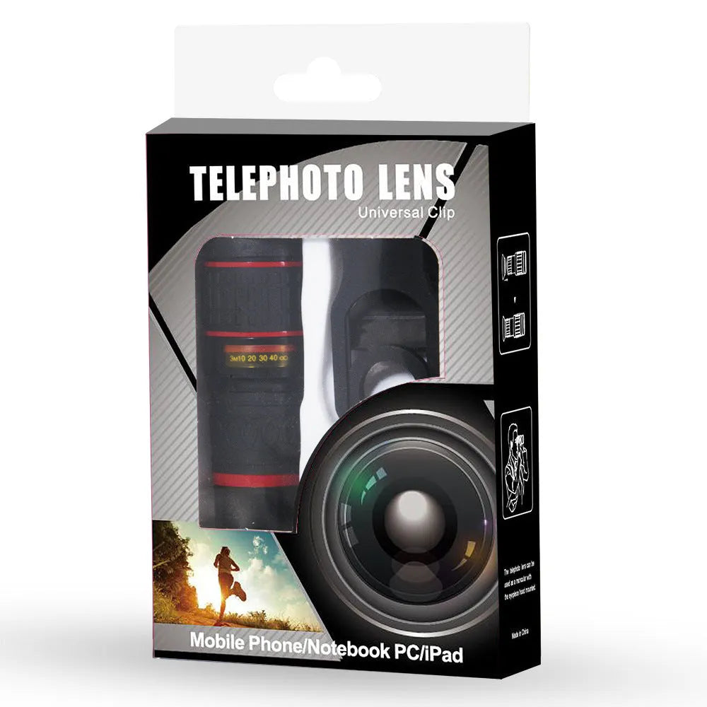 20x magnification mobile phone telescope lens with universal mounting clip on a smartphone