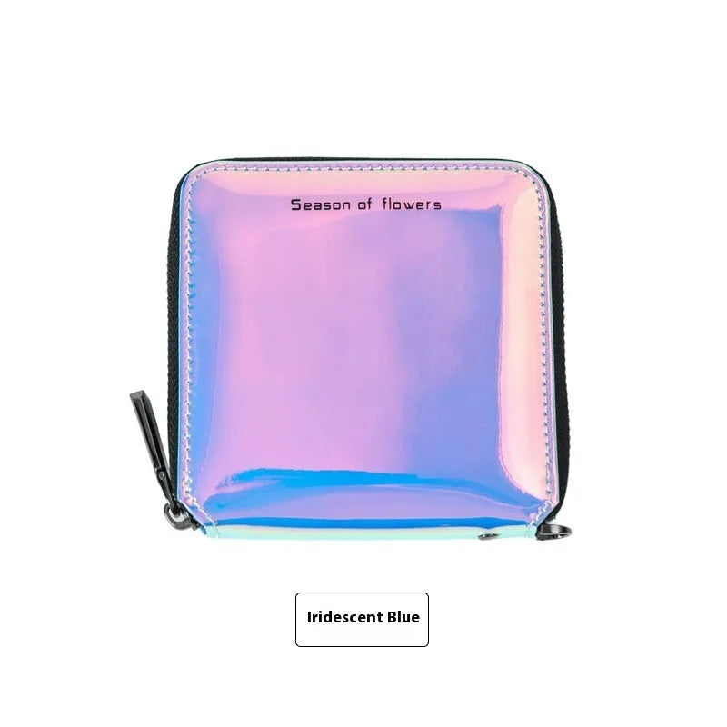 Short square bifold women's wallet in PU leather, shown in Magic Nail Glitter, Crystal Blue, and Symphony Green colours.