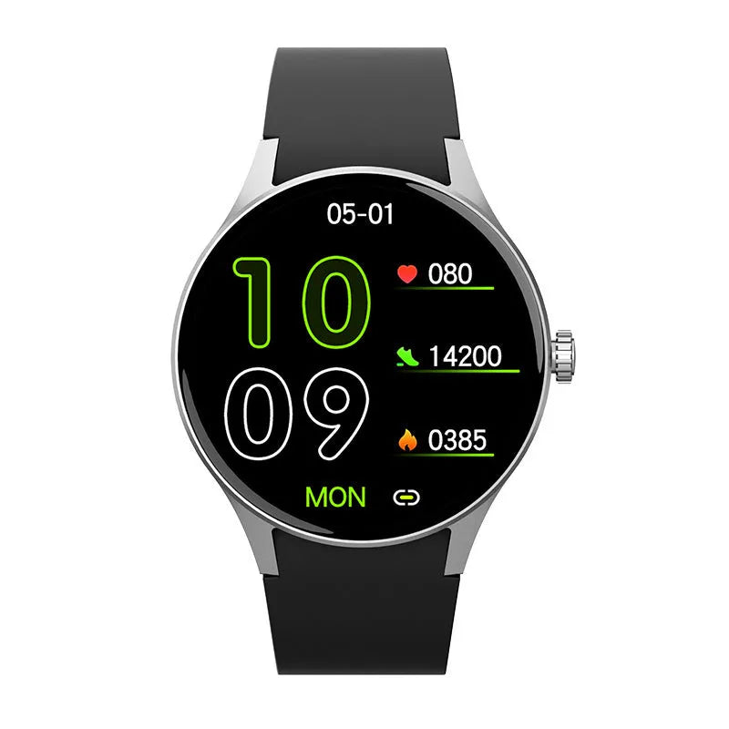 46mm smart watch with AMOLED screen showing health stats, available with silicone, leather, or steel bands.