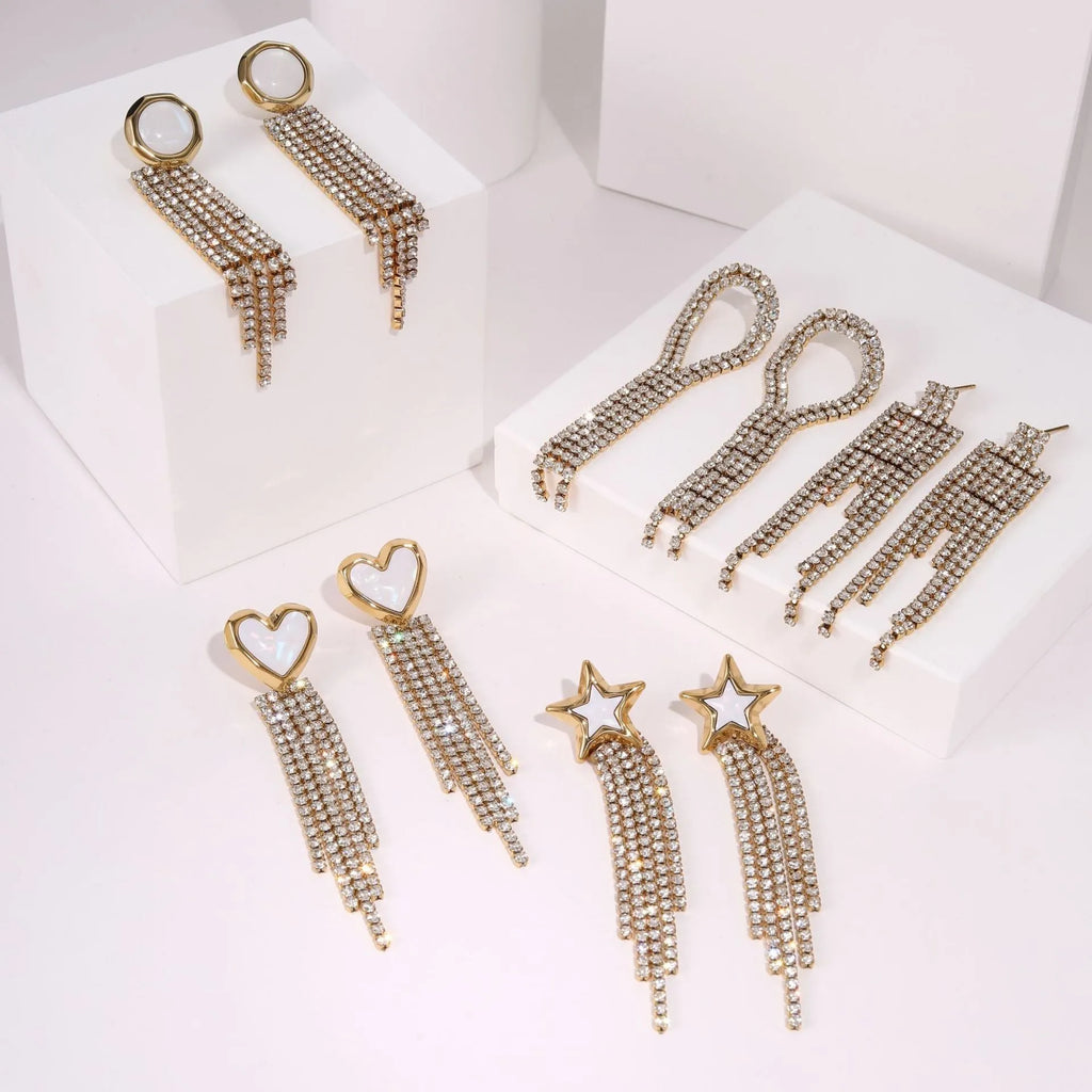 Stainless steel love heart earrings with diamond tassel detailing and electroplated 18K finish