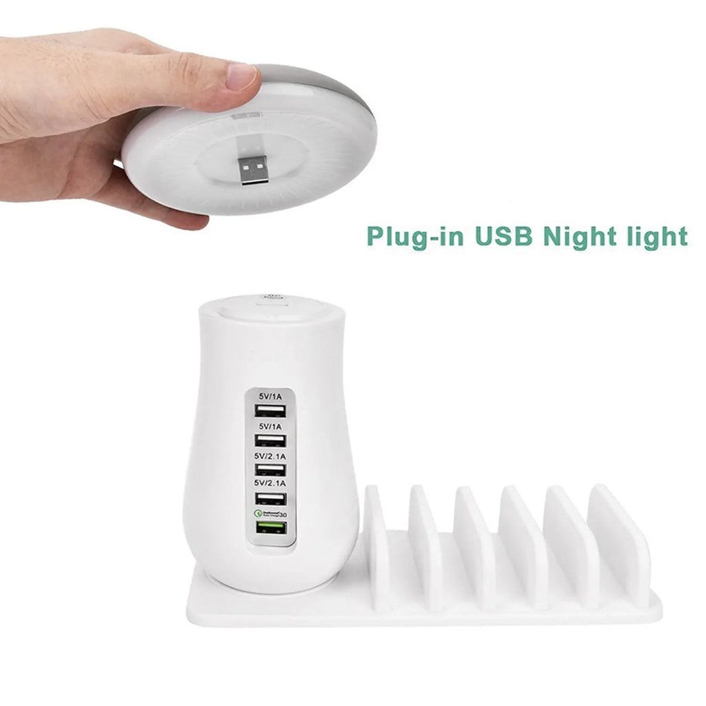 Besegad Mushroom shaped white USB charging dock station with 5 ports and built-in soft LED night light