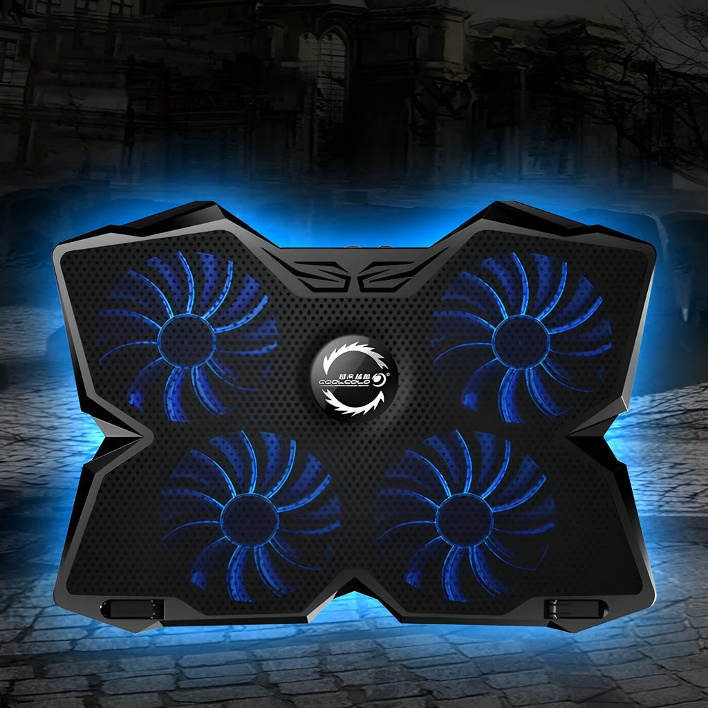 Blue computer cooling base with four LED fans and two USB ports for desktop cooling