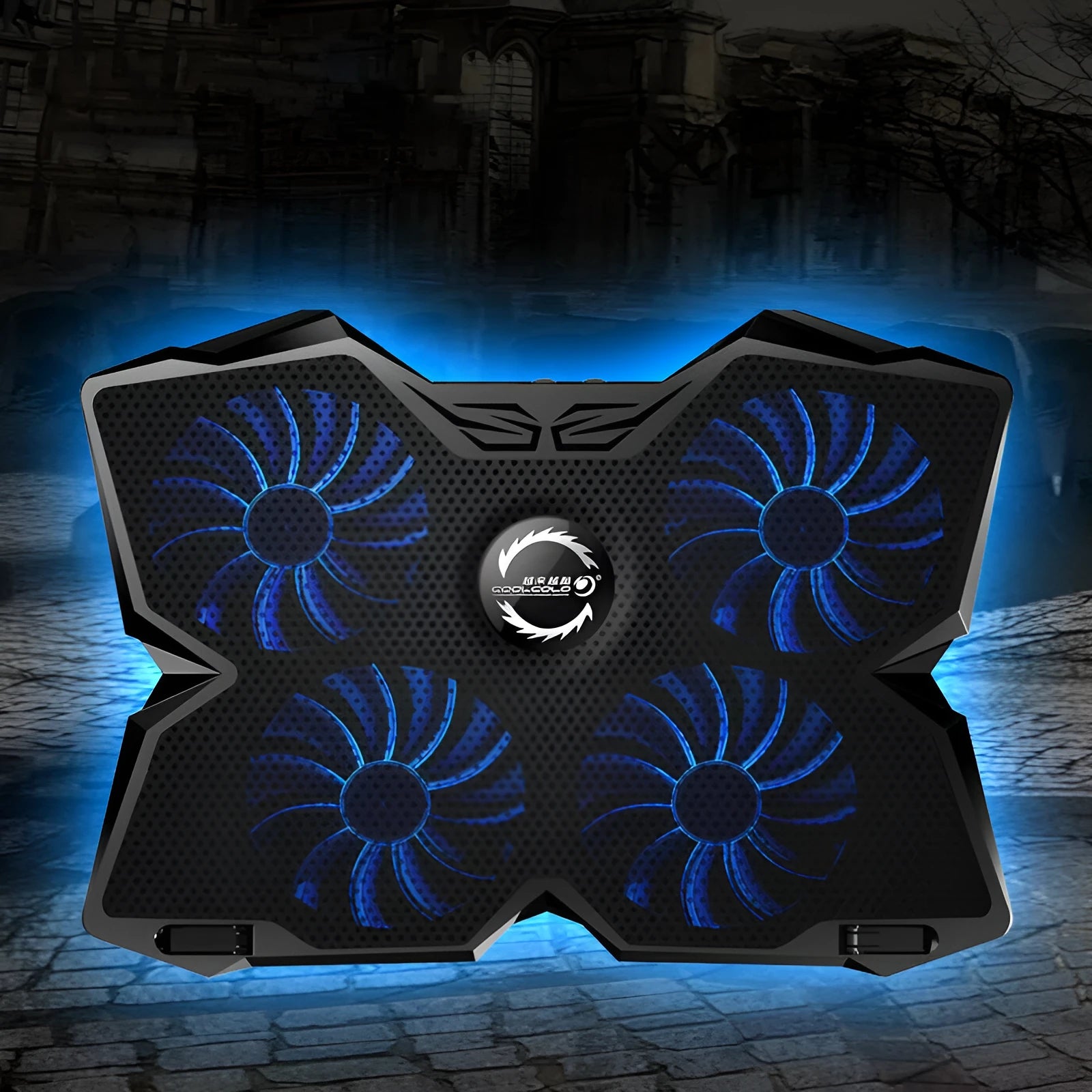 Blue computer cooling base with four LED fans and two USB ports for desktop cooling