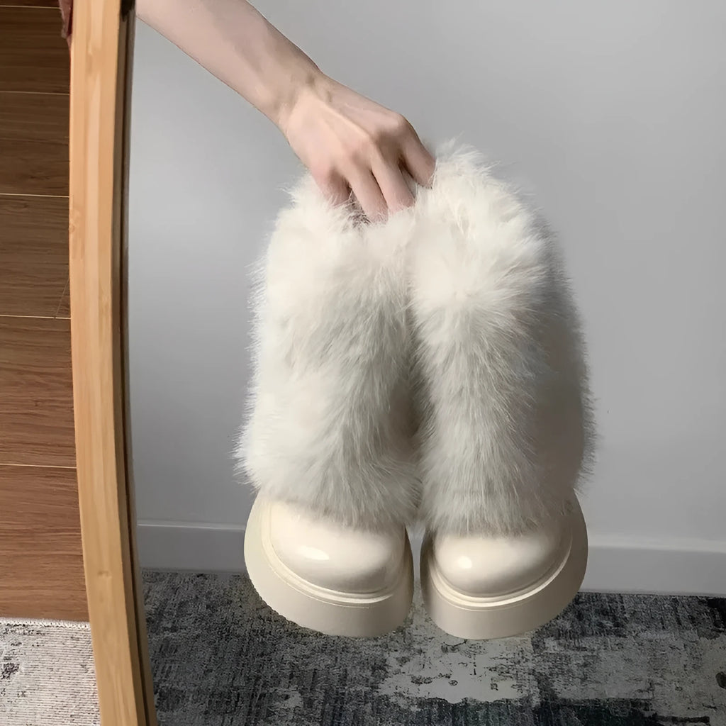 Women's artificial plush snow boots with fleece lining and waterproof platform sole in black or white