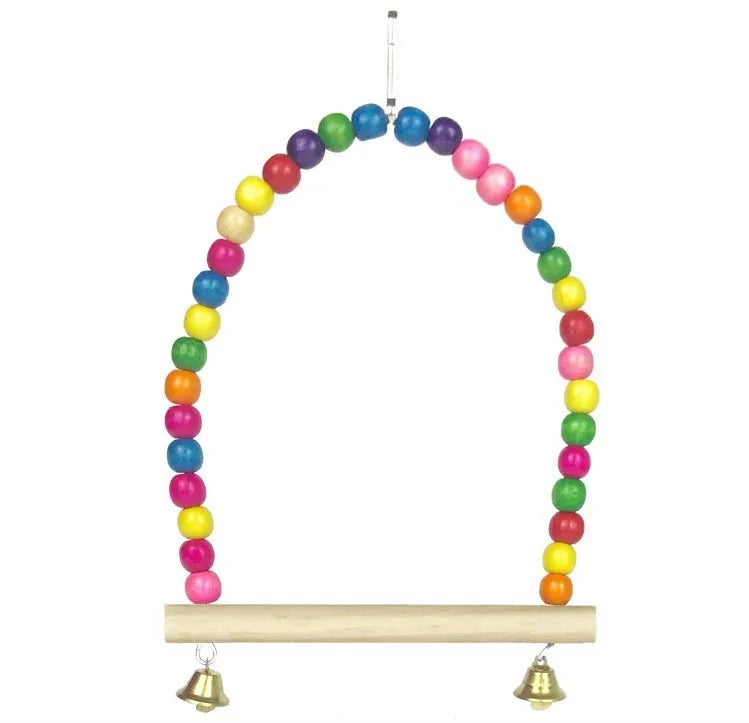 Wooden parrot swing with colourful beads, two bells, and a hanging hook, 10cm by 1.4cm by 15cm