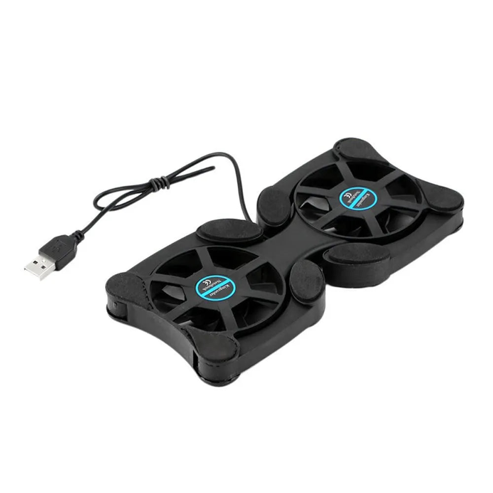 Portable folding laptop cooling stand with dual 70mm fans, black, open on desk with notebook