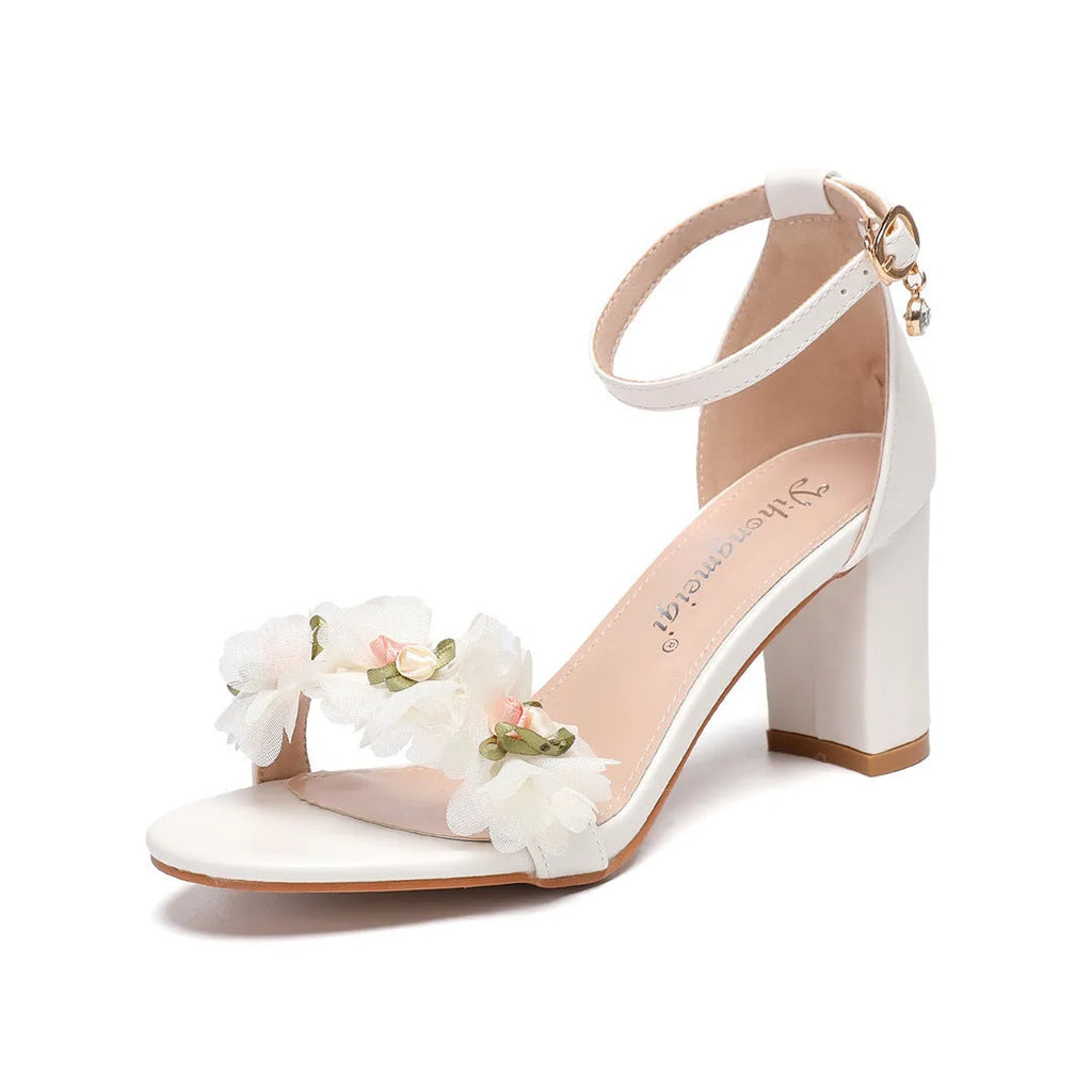 Peep toe chunky high heels with one strap and rhinestone detail, white or pink, 6-8cm heel