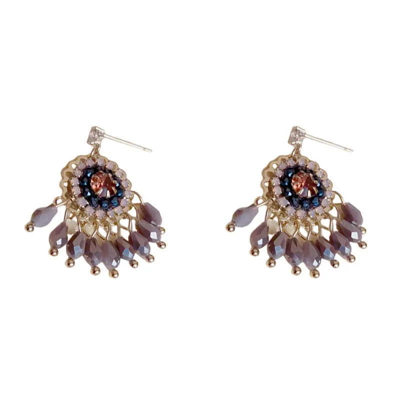 Blue diamond round crystal tassel earrings with thick gold plating and geometric design on copper base