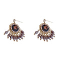 Blue diamond round crystal tassel earrings with thick gold plating and geometric design on copper base