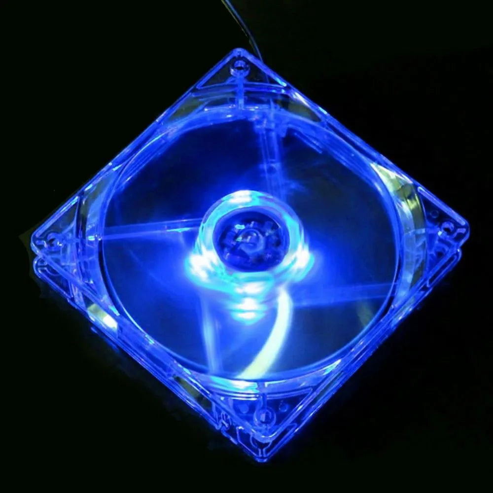 120mm PC cooling fan with blue LED light, 120x120x25mm size, 4-pin connector, white frame, black blades